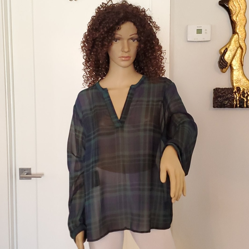 School Girl Plaid Long  Sleeve Blouse - Picture 2 of 5